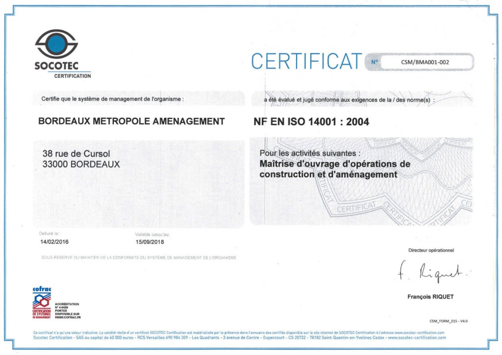 Certificat ISO14001 2016